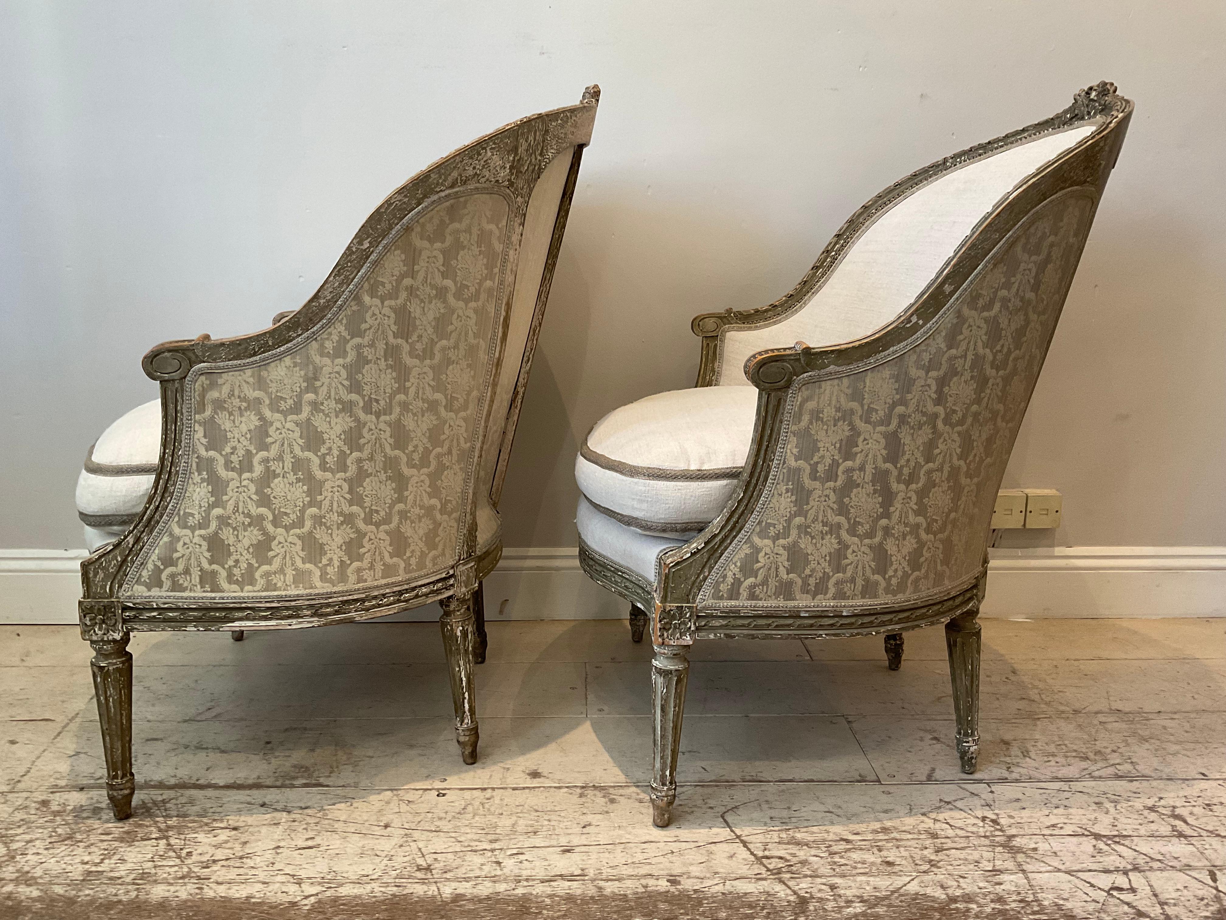 Pair of 1920s Swedish Painted Armchairs Upholstered in French Linen 2