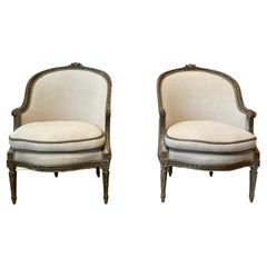 Pair of 1920s Swedish Painted Armchairs Upholstered in French Linen