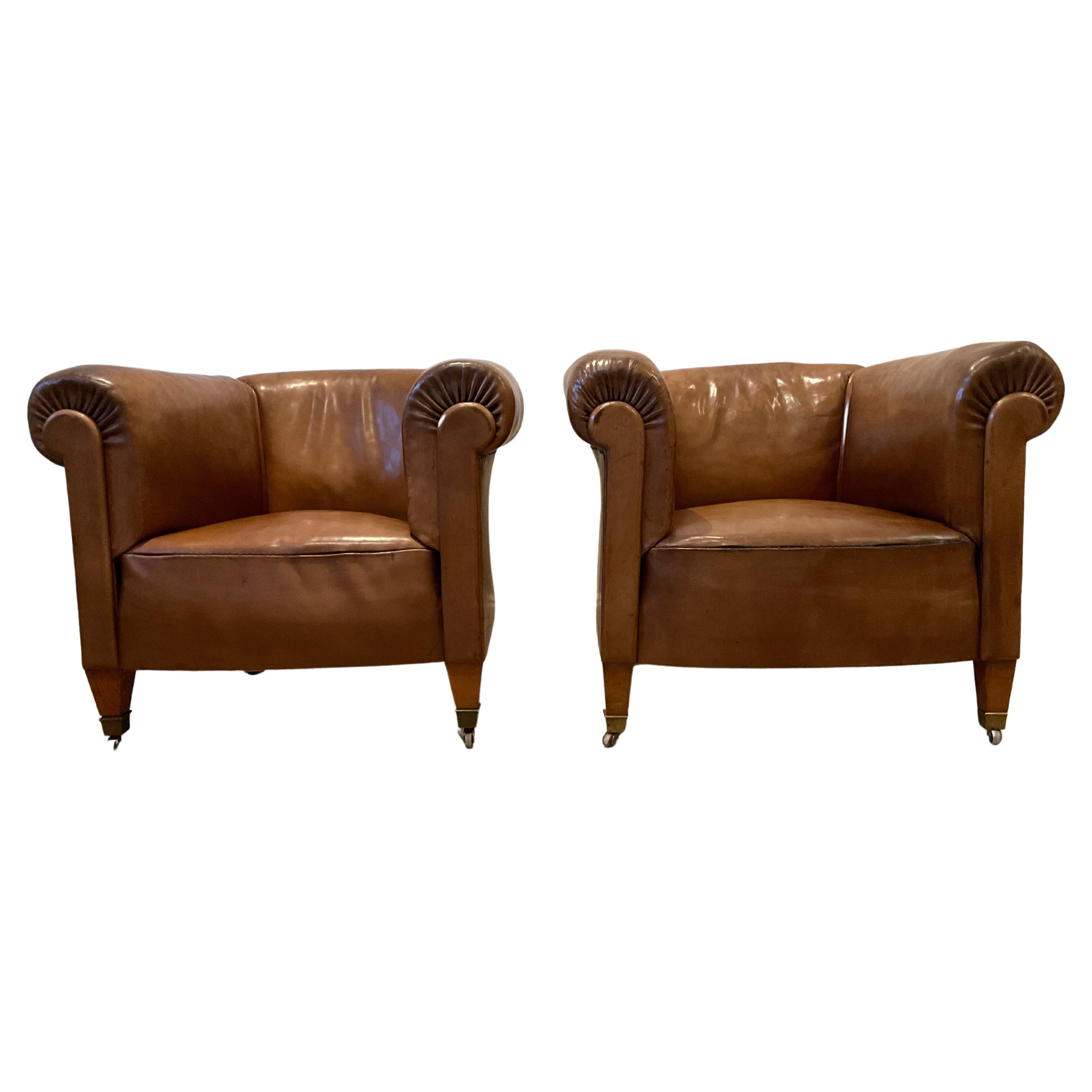 Pair of 1920s Swedish Tan Original Leather Club Chairs