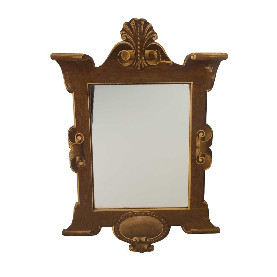 This pair of 1920s Trompe l'oeil mirrors feature a beautifully painted optical illusion in a gold color with scroll details, and come as a matching set.