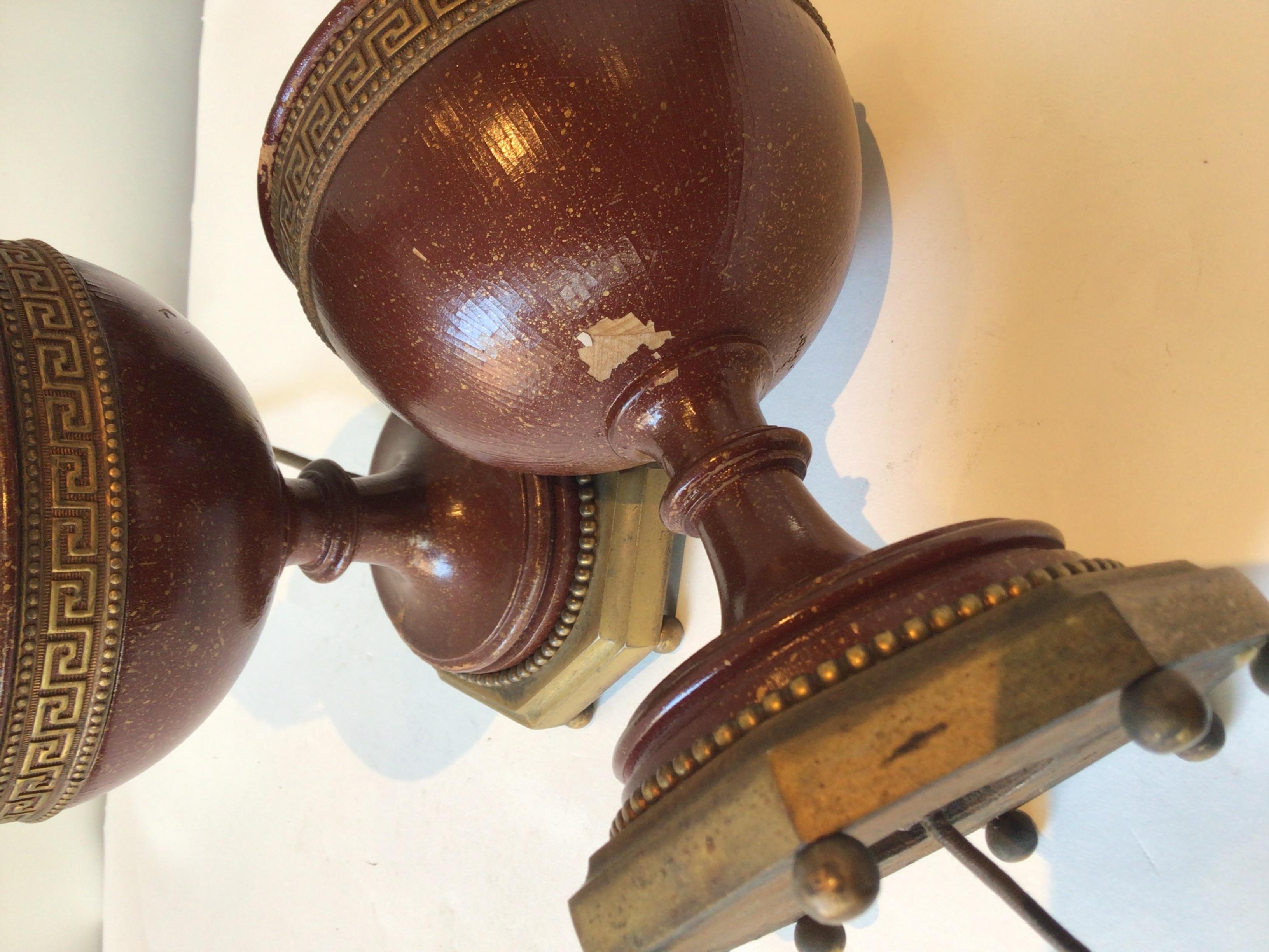 Pair of 1920s Wood Greek Key Lamps 6