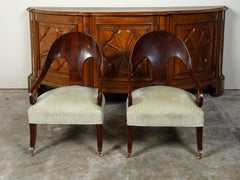 Pair of 1920s Wooden Spoon Chairs with Large Scrolling Arms and Saber Legs