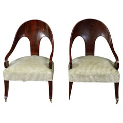 Pair of 1920s Wooden Spoon Chairs with Large Scrolling Arms and Saber Legs