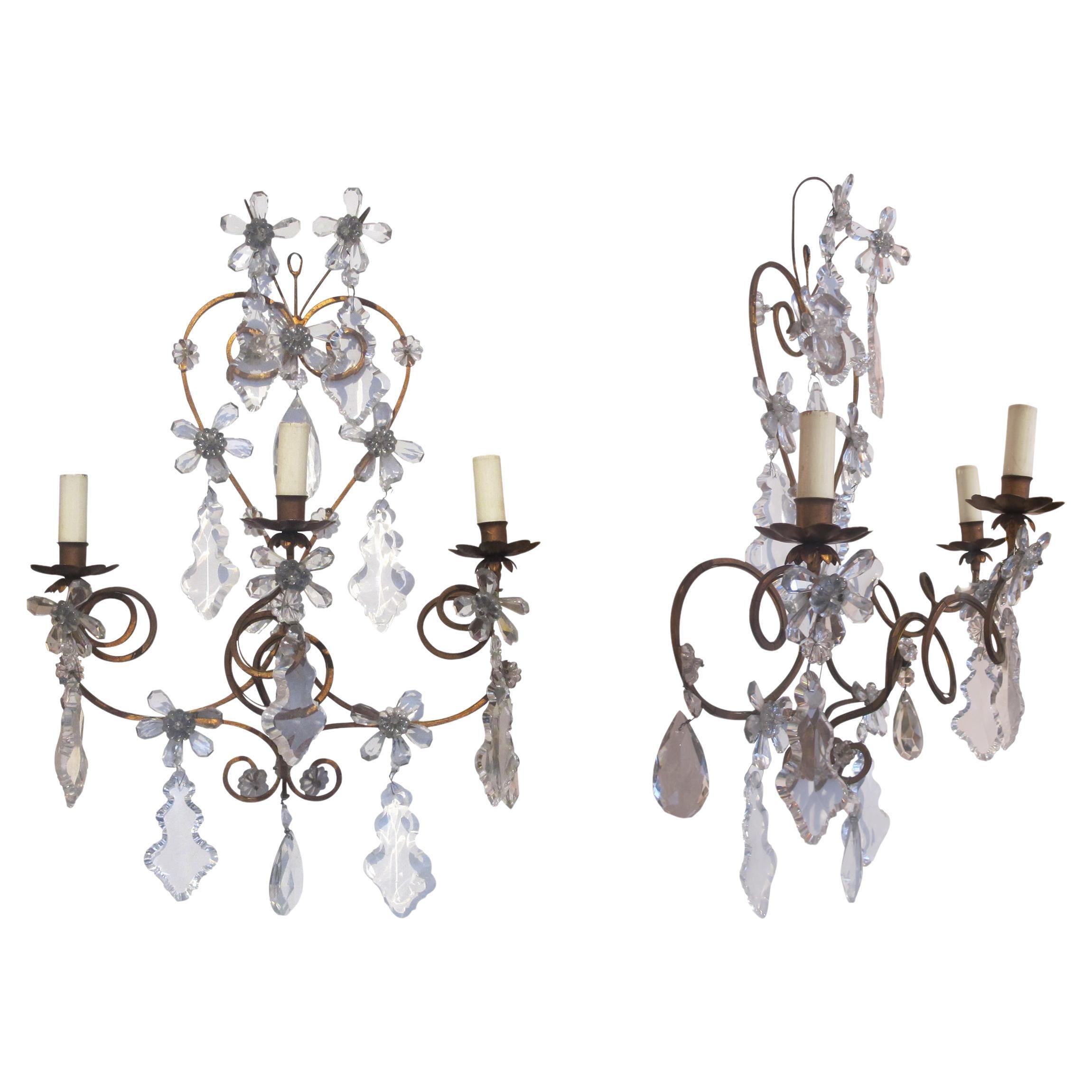 Pair Of 1920’s Wrought Iron and Crystal Pendants Wall Lights For Sale