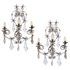 Pair Of 1920’s Wrought Iron and Crystal Pendants Wall Lights in the style of Lou