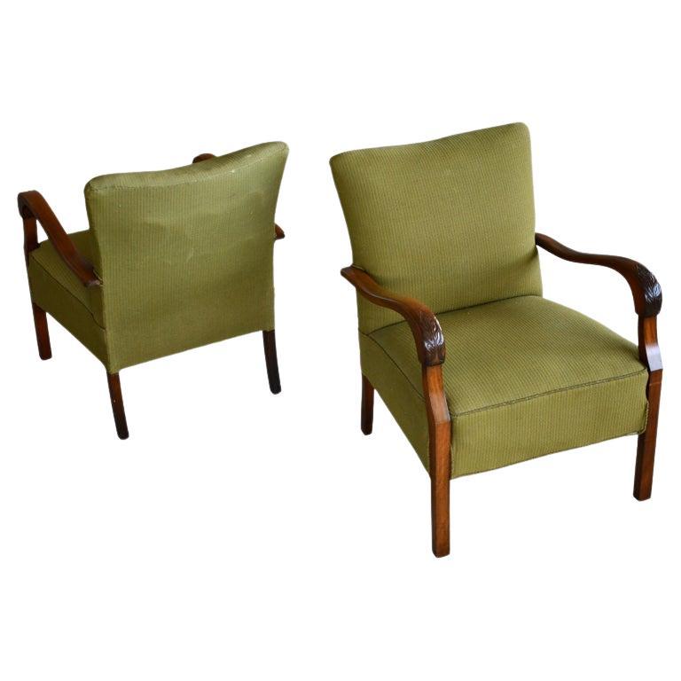 Pair of 1930s-1940s Danish Easy Chairs with Open Armrests Late Art Deco