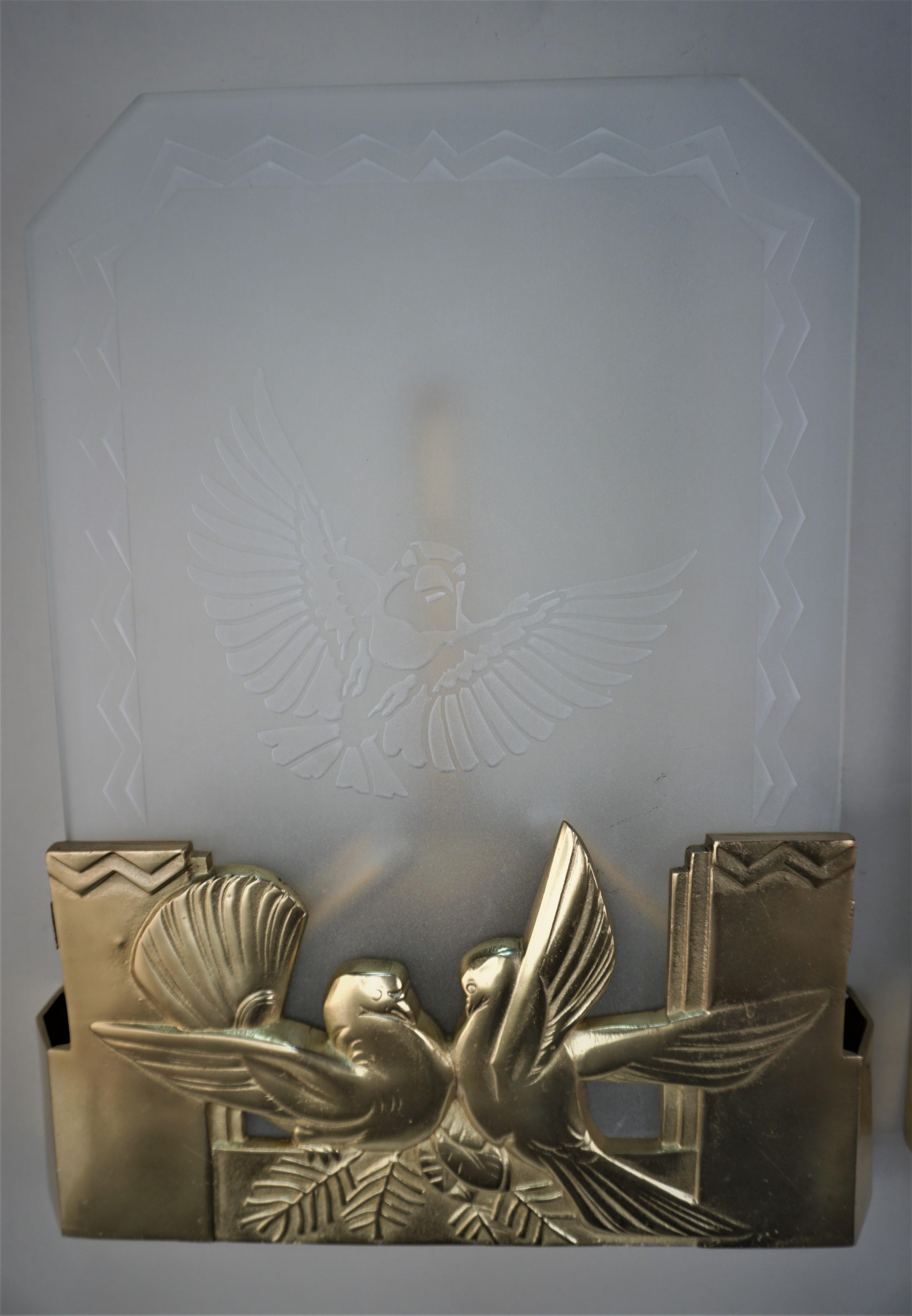 Pair of 1930's Acid Cut Glass and Bronze Wall Sconces For Sale 2