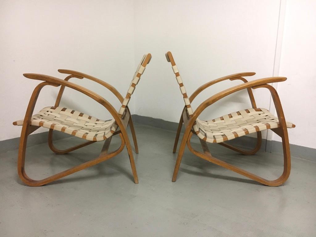 Pair of 1930s Bentwood, woven straps Armchairs by Jan Vanek.  6