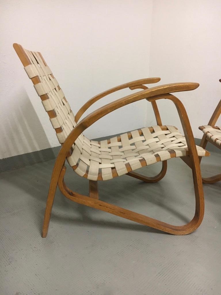 Czech Pair of 1930s Bentwood, woven straps Armchairs by Jan Vanek. 
