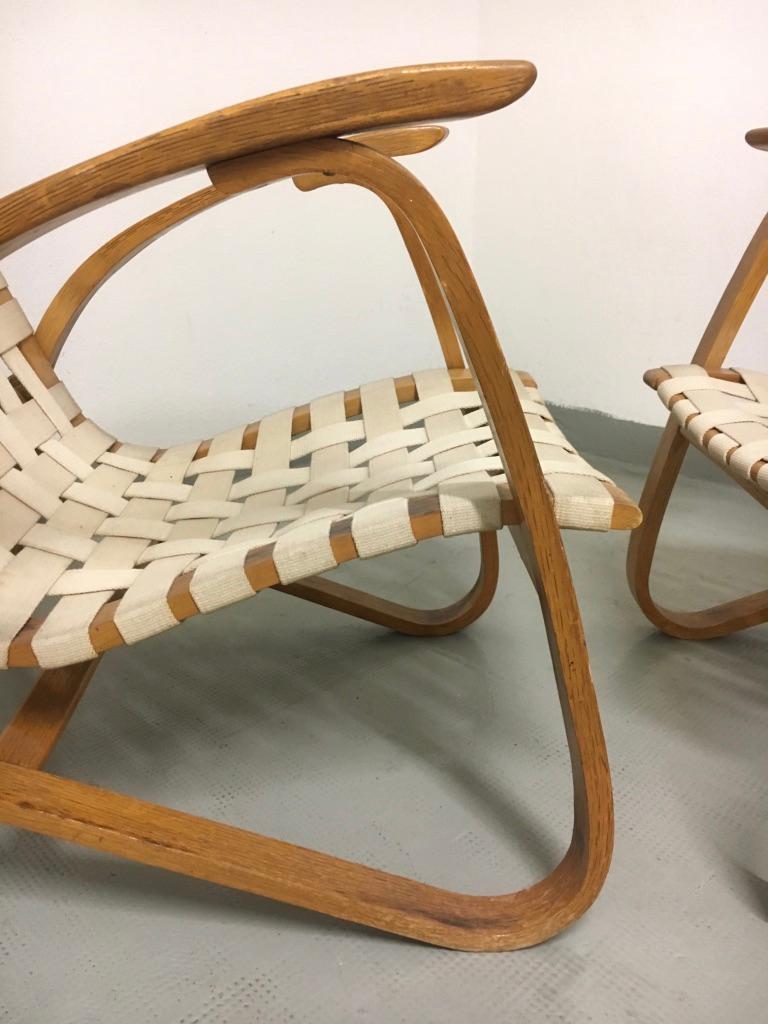 Pair of 1930s Bentwood, woven straps Armchairs by Jan Vanek.  In Good Condition In Geneva, CH