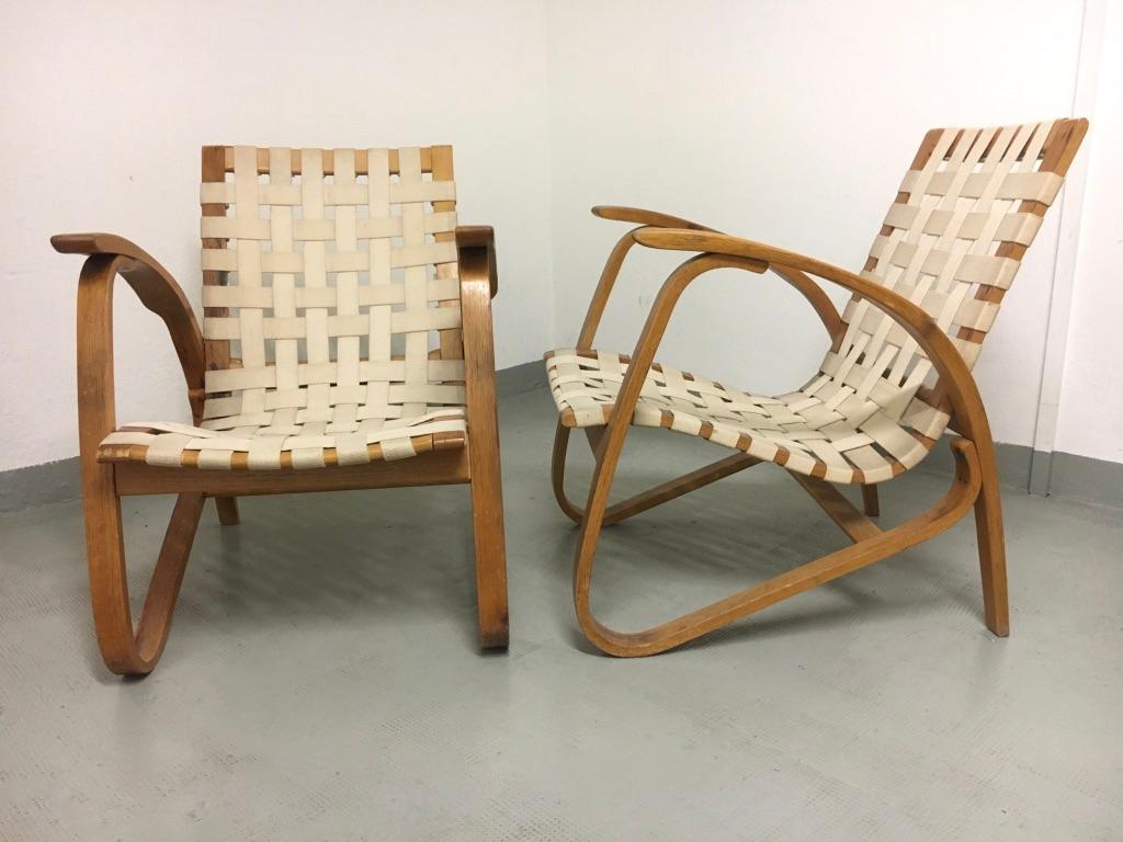 Pair of 1930s Bentwood, woven straps Armchairs by Jan Vanek.  2
