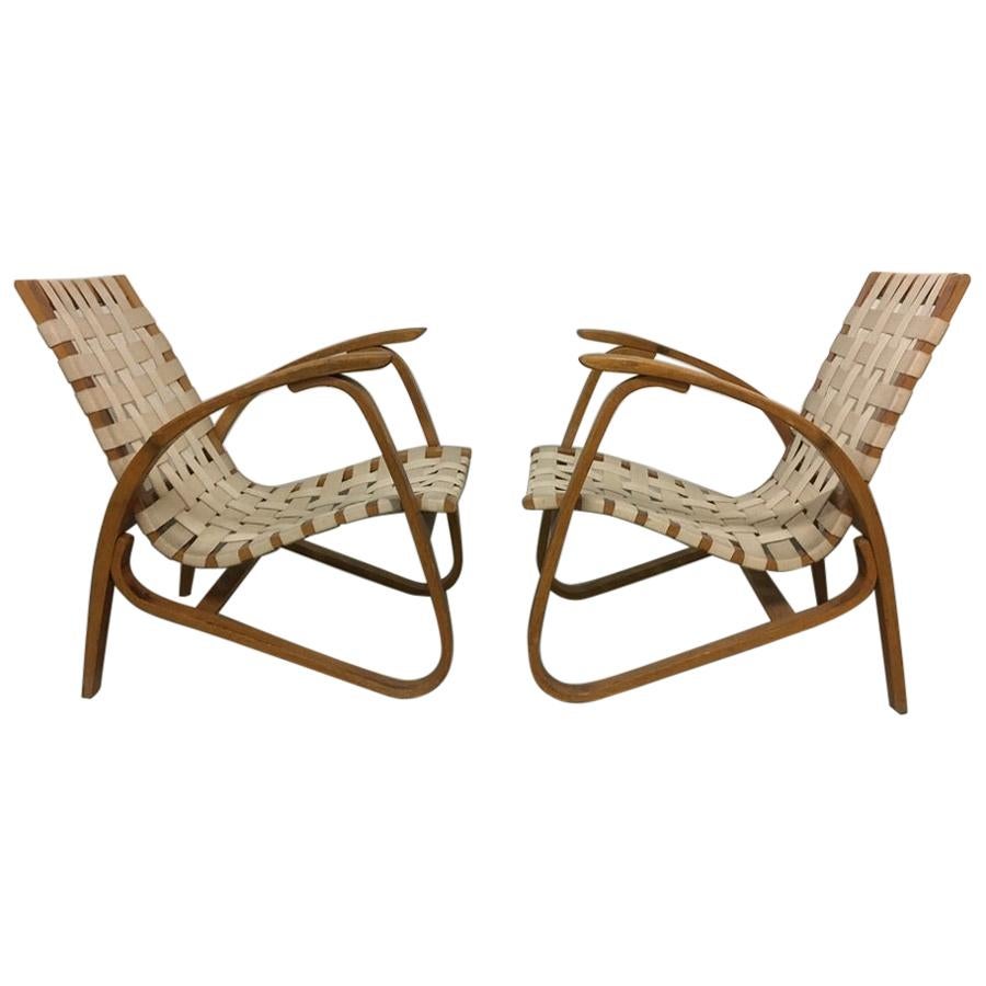 Pair of 1930s Bentwood, woven straps Armchairs by Jan Vanek. 