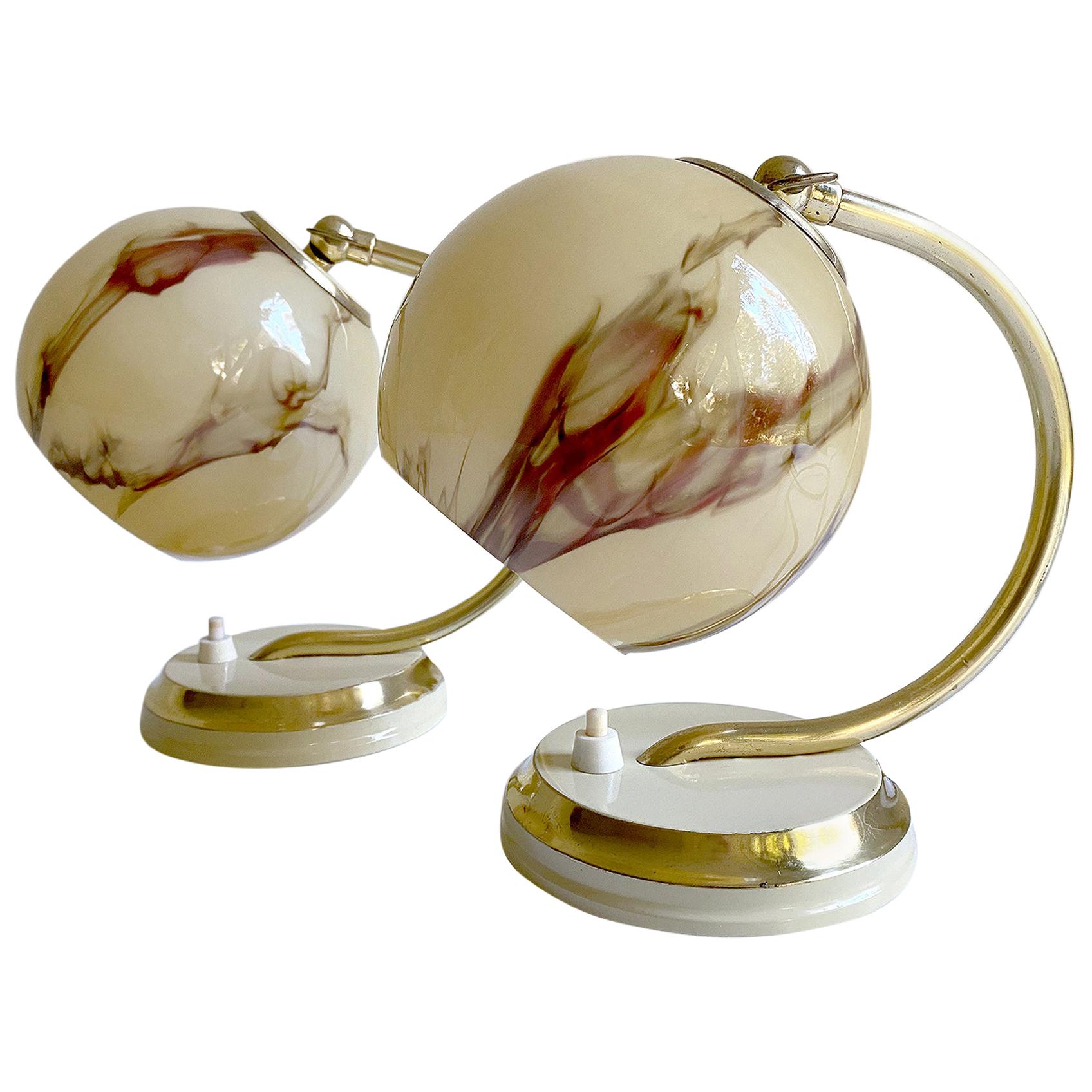 Pair  Art Deco Bauhaus Table Lamps Lights, Brass and Opaline Obxlood Glass, 1930 For Sale