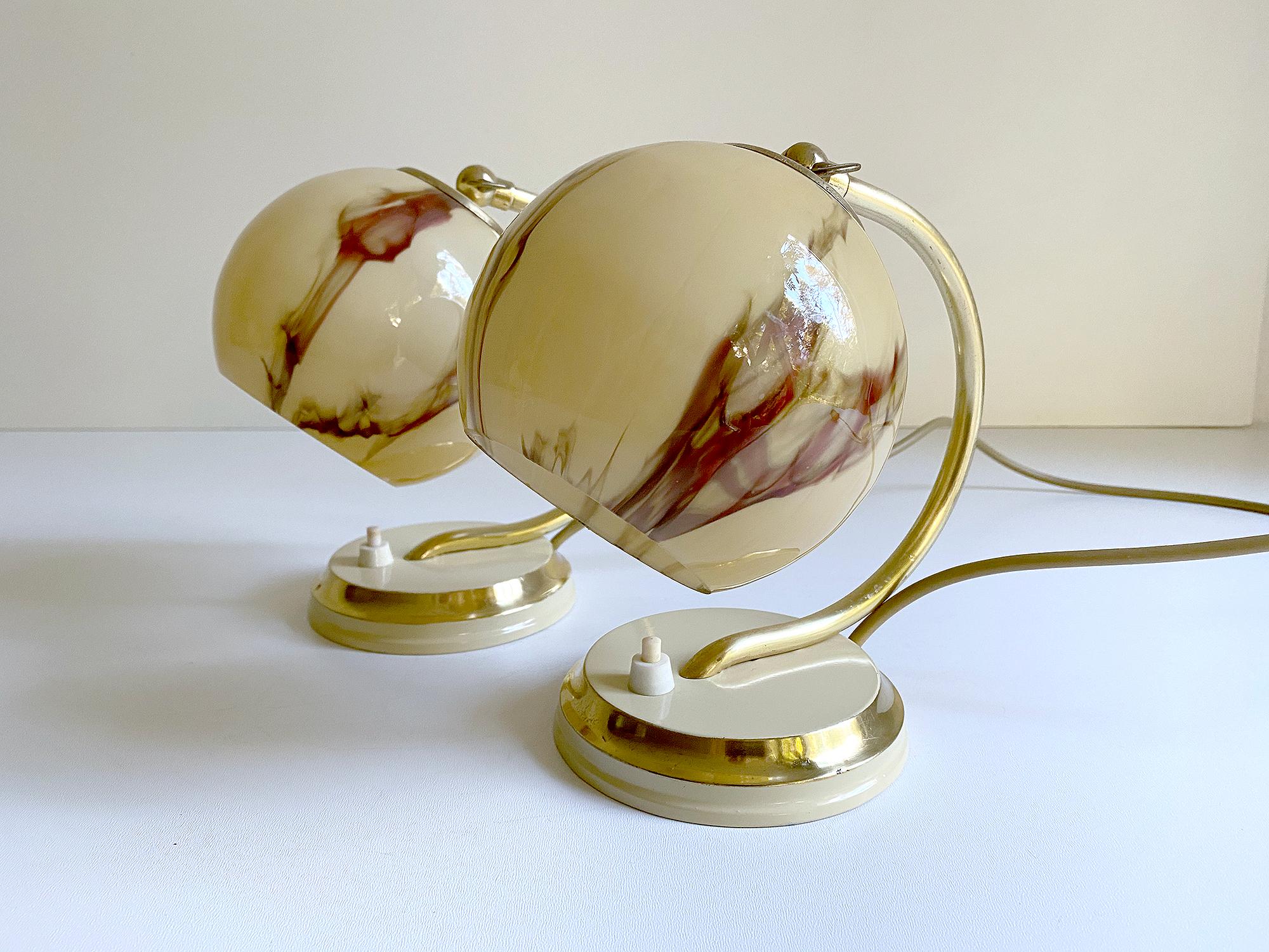 French Pair  Art Deco Bauhaus Table Lamps Lights, Brass and Opaline Obxlood Glass, 1930 For Sale