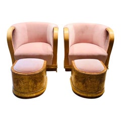 Pair of 1930s Art Deco Blond Walnut and Pink Velvet Armchairs with Footstools