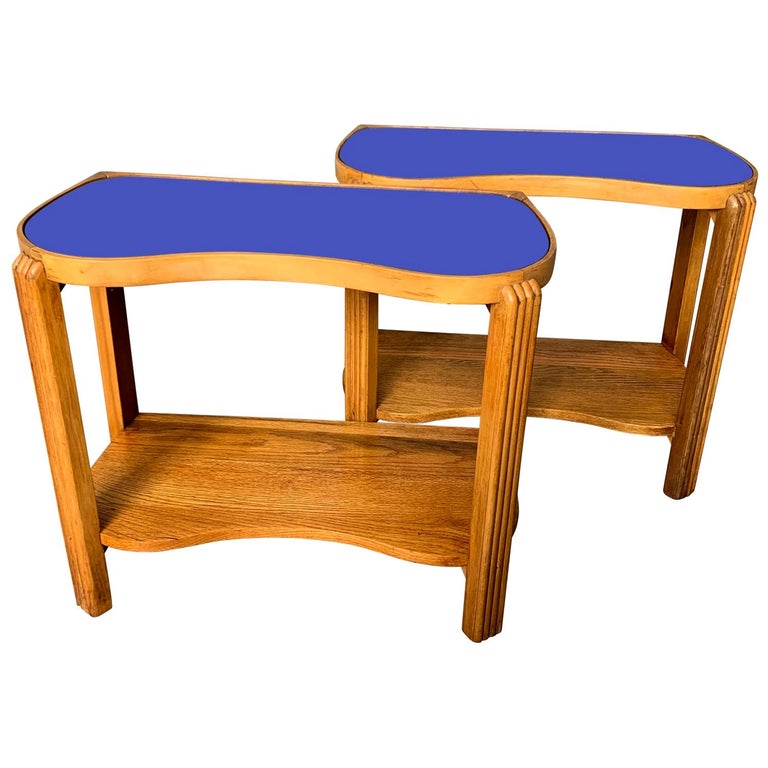 Pair of 1930s Art Deco Blue Mirror Glass Tops Lamp Side Tables at