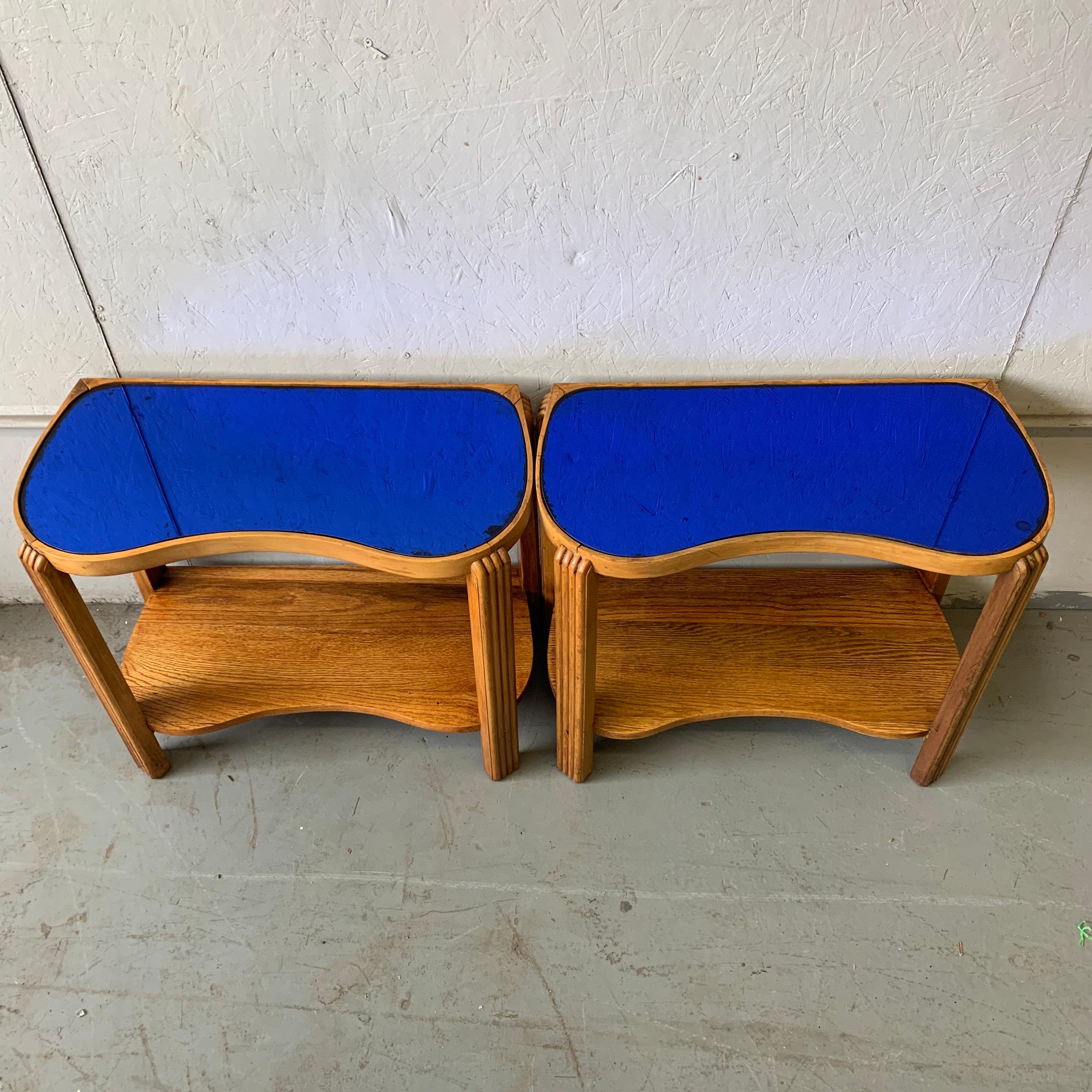 Pair of 1930s Art Deco Blue Mirror Glass Tops Lamp Side Tables 4