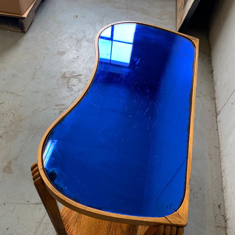 Pair of 1930s Art Deco Blue Mirror Glass Tops Lamp Side Tables at