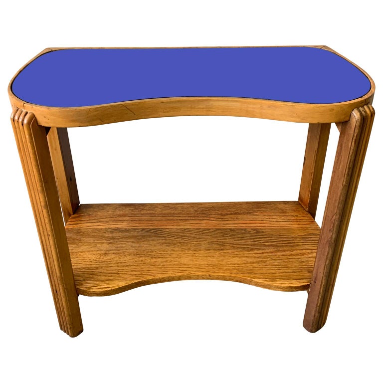 Pair of 1930s Art Deco Blue Mirror Glass Tops Lamp Side Tables at