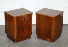 PAIR OF 1930'S ART DECO BURR WALNUT BEDSiDE TABLES NIGHTSTANDS DRAWER & CUPBOARD