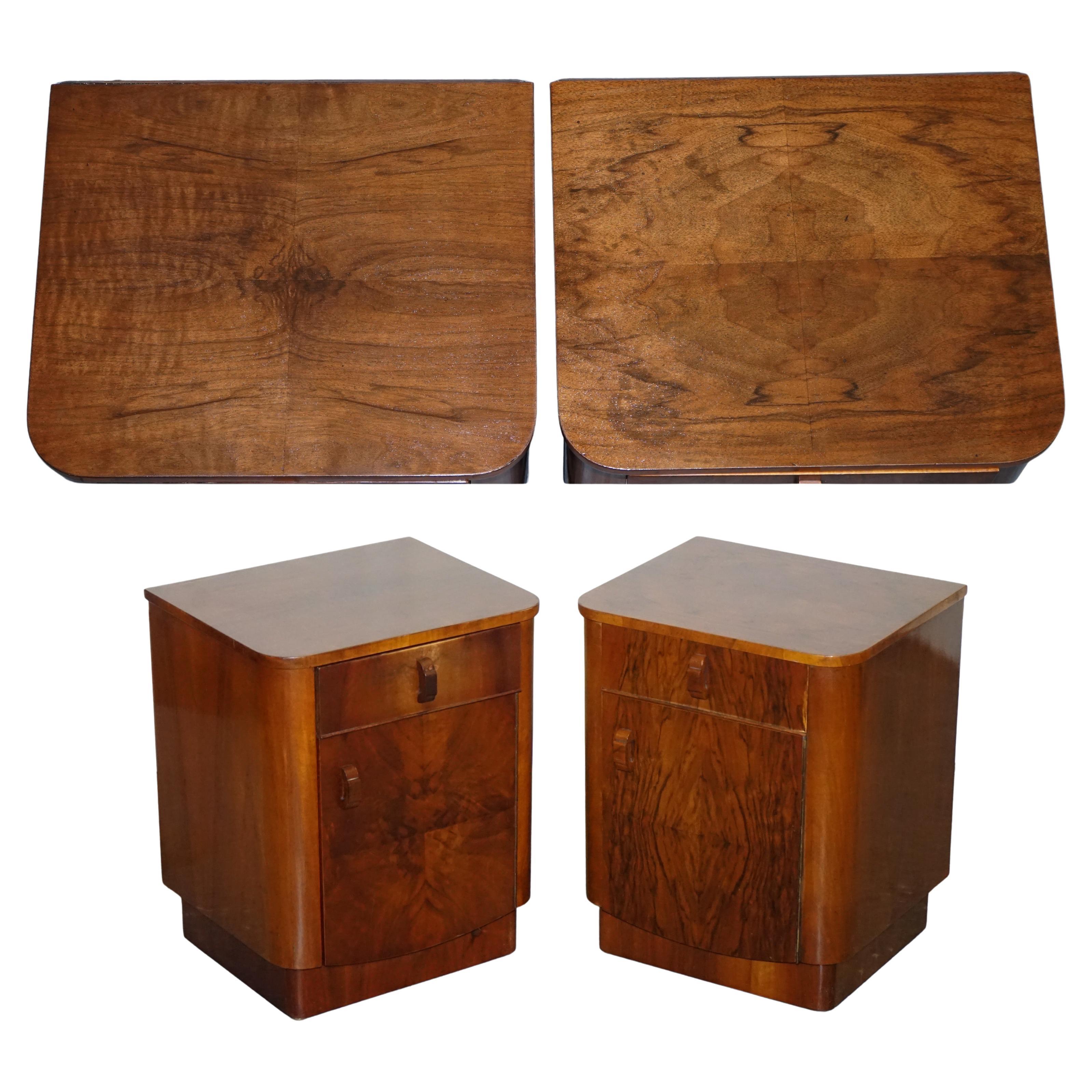 PAIR OF 1930'S ART DECO BURR WALNUT BEDSiDE TABLES NIGHTSTANDS DRAWER & CUPBOARD