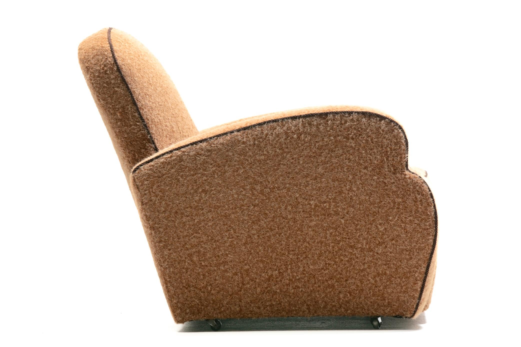 Pair of 1930s Art Deco Club Chairs in Truffle Cocoa Fabric with Chocolate Trim For Sale 5