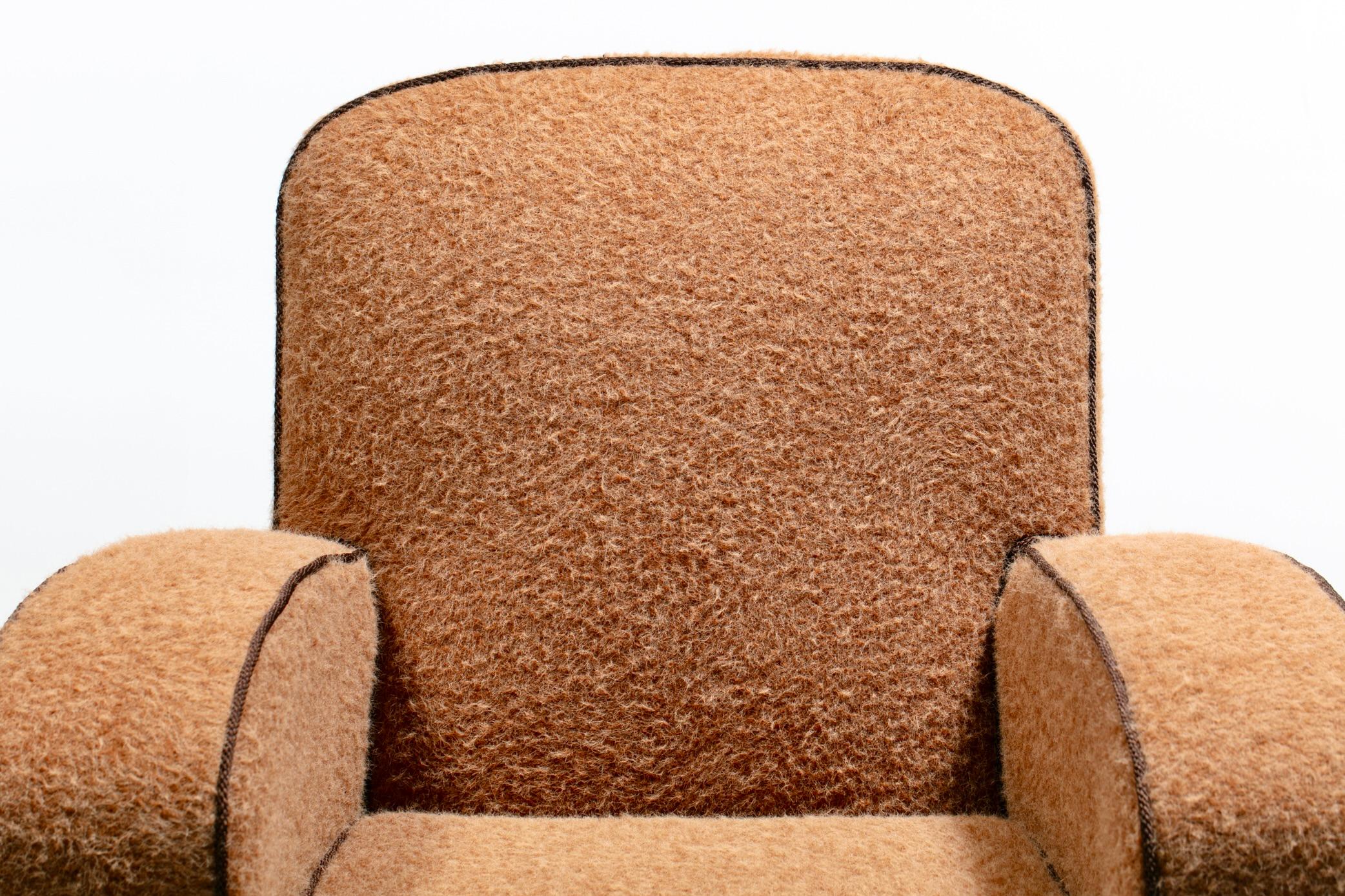 Pair of 1930s Art Deco Club Chairs in Truffle Cocoa Fabric with Chocolate Trim For Sale 7