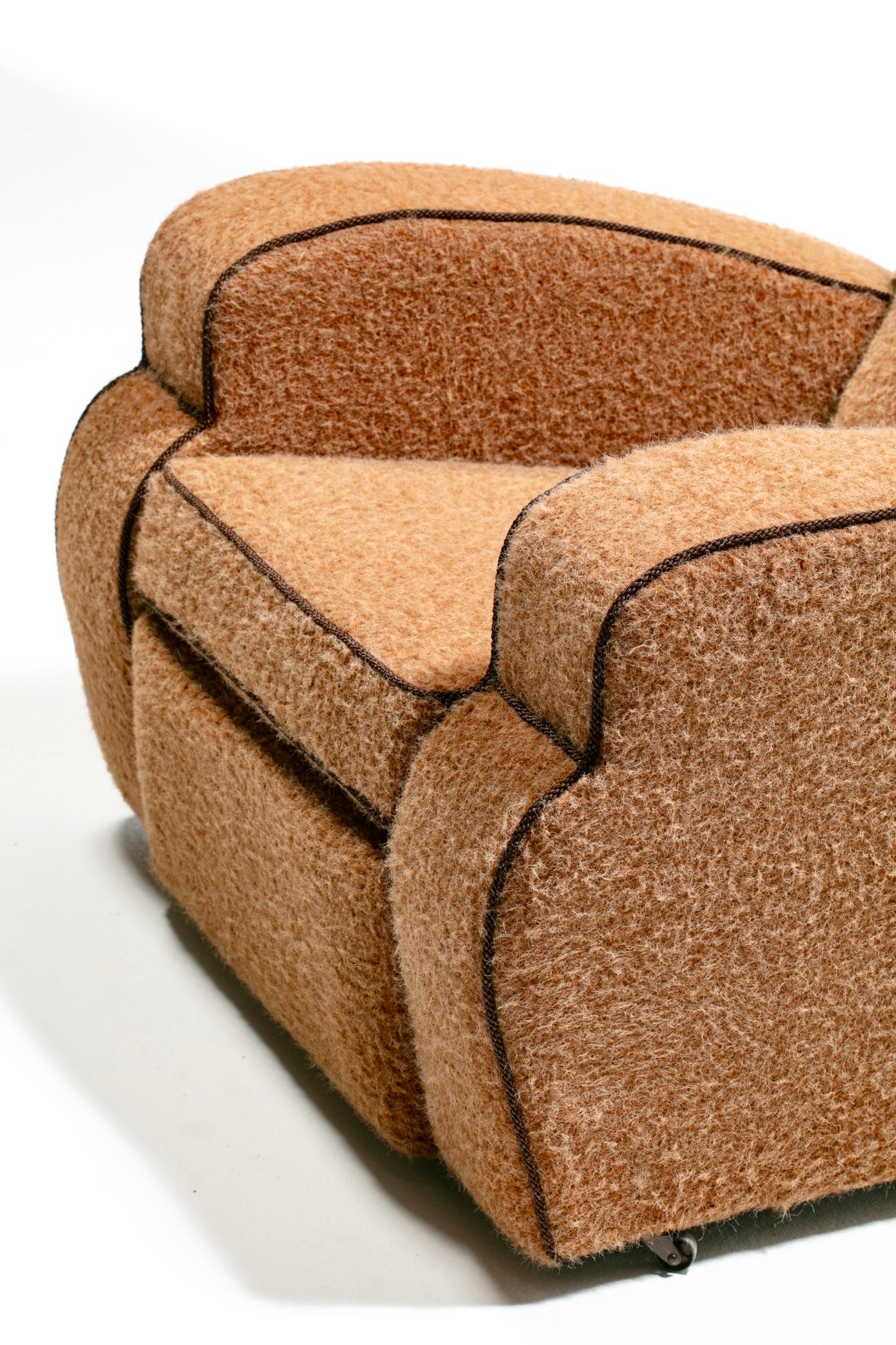 Pair of 1930s Art Deco Club Chairs in Truffle Cocoa Fabric with Chocolate Trim For Sale 9