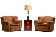 Pair of 1930s Art Deco Club Chairs in Truffle Cocoa Fabric with Chocolate Trim