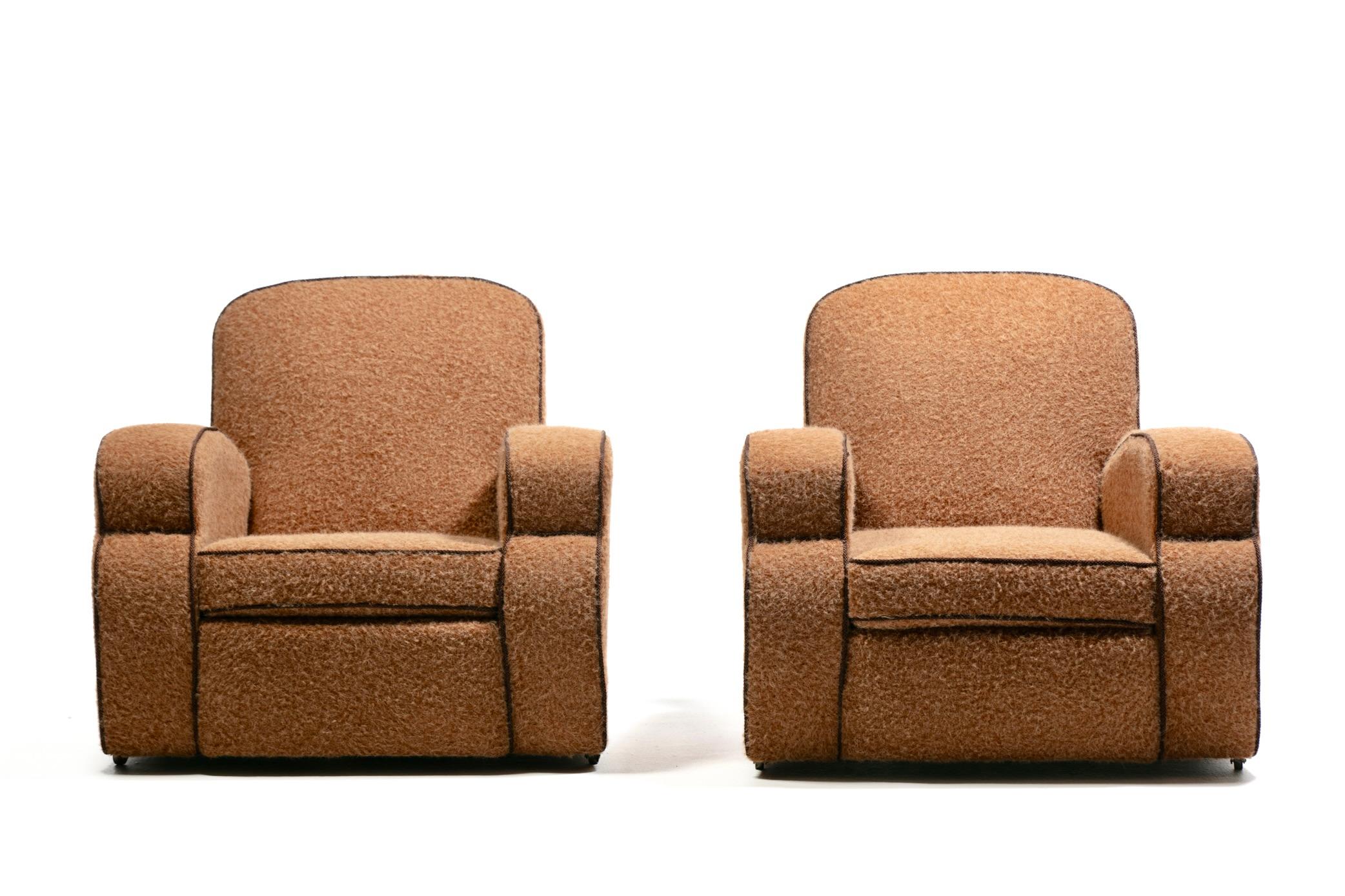 Pair of 1930s Art Deco Club Chairs in Truffle Cocoa Fabric with Chocolate Trim For Sale 14