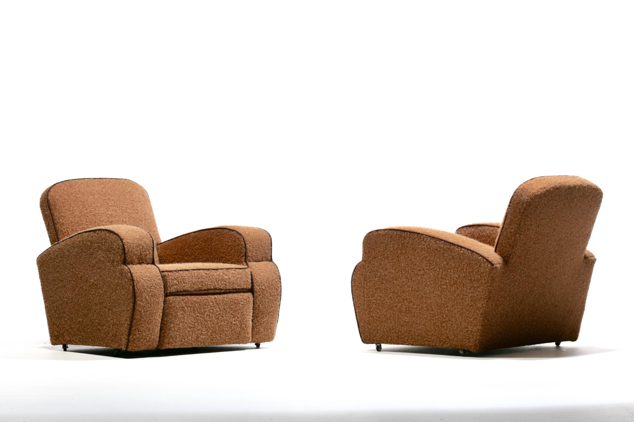 American Pair of 1930s Art Deco Club Chairs in Truffle Cocoa Fabric with Chocolate Trim For Sale