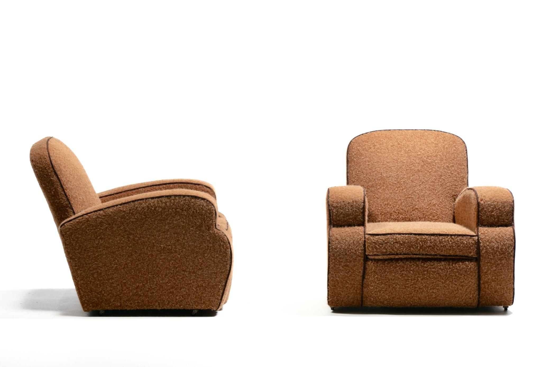 Pair of 1930s Art Deco Club Chairs in Truffle Cocoa Fabric with Chocolate Trim In Good Condition For Sale In Saint Louis, MO