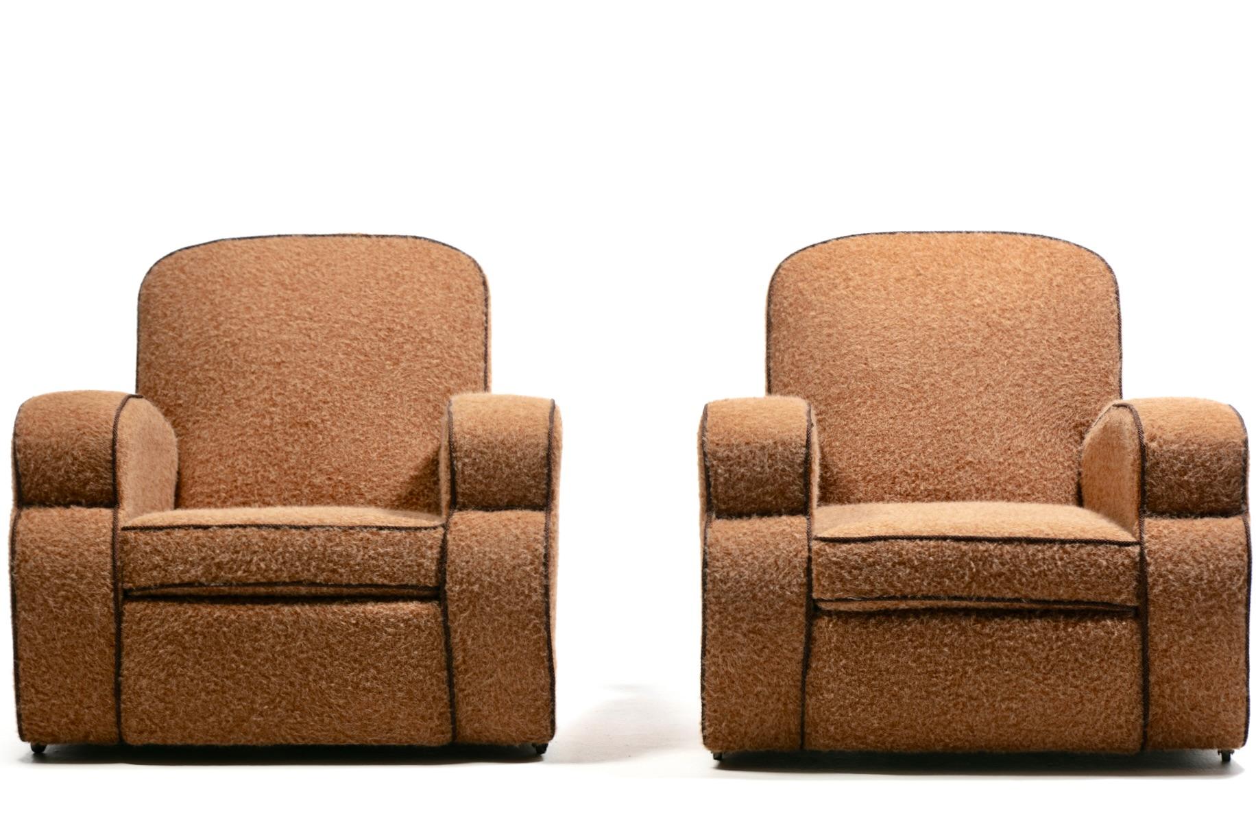 Mid-20th Century Pair of 1930s Art Deco Club Chairs in Truffle Cocoa Fabric with Chocolate Trim For Sale