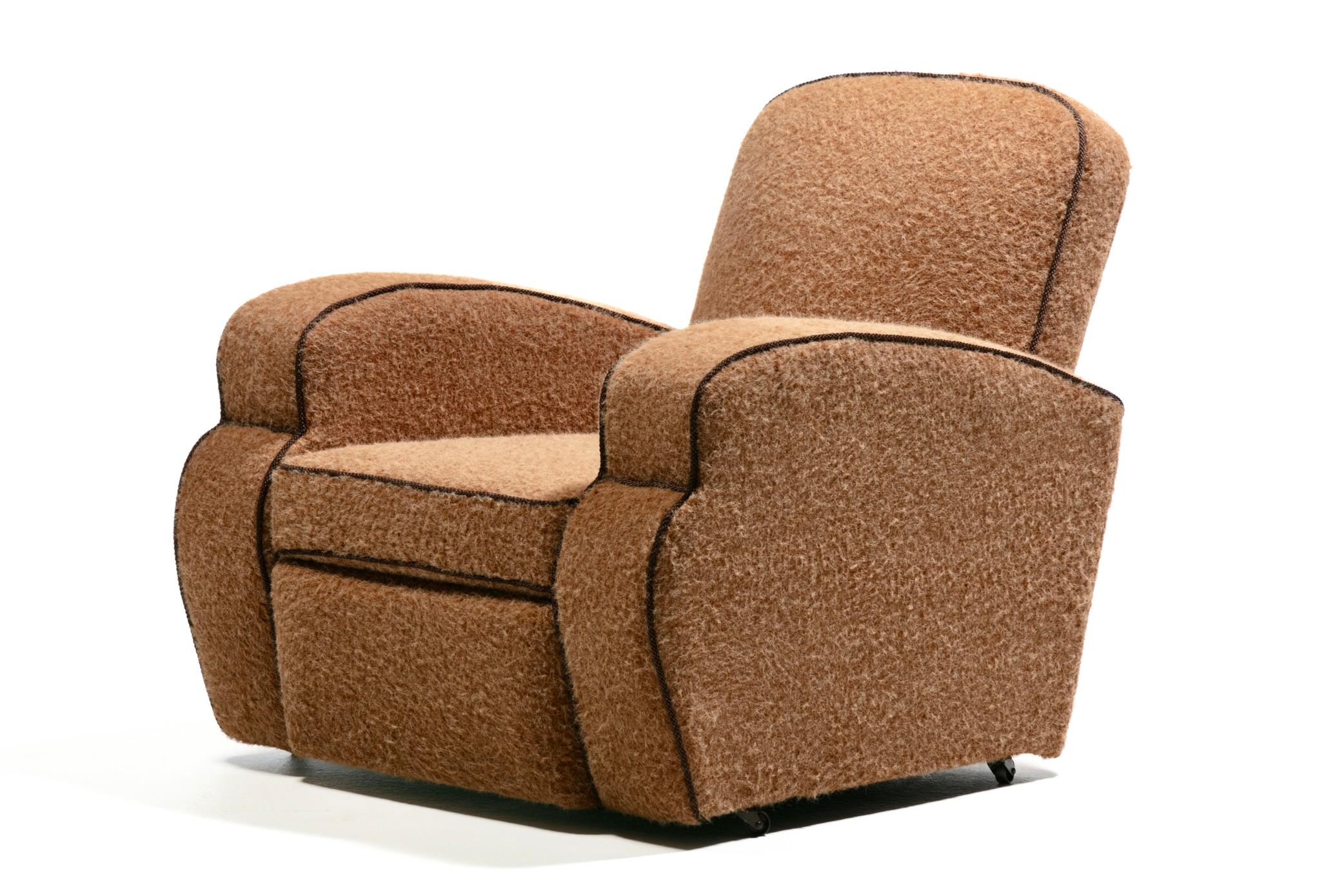 Pair of 1930s Art Deco Club Chairs in Truffle Cocoa Fabric with Chocolate Trim For Sale 1