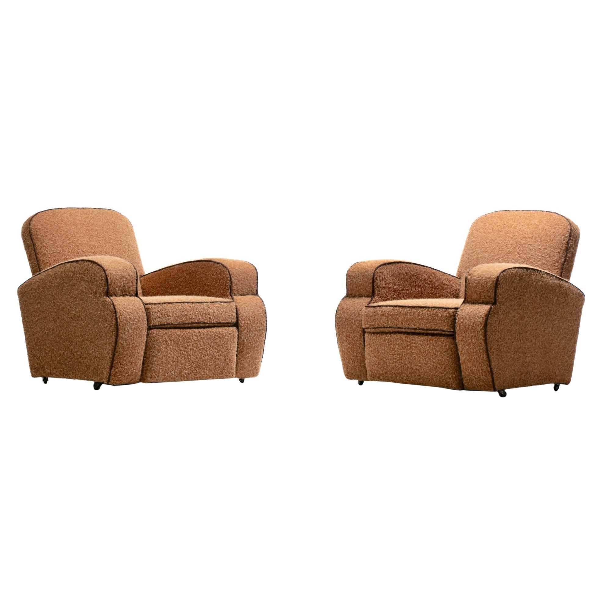 Pair of 1930s Art Deco Club Chairs in Truffle Cocoa Fabric with Chocolate Trim For Sale