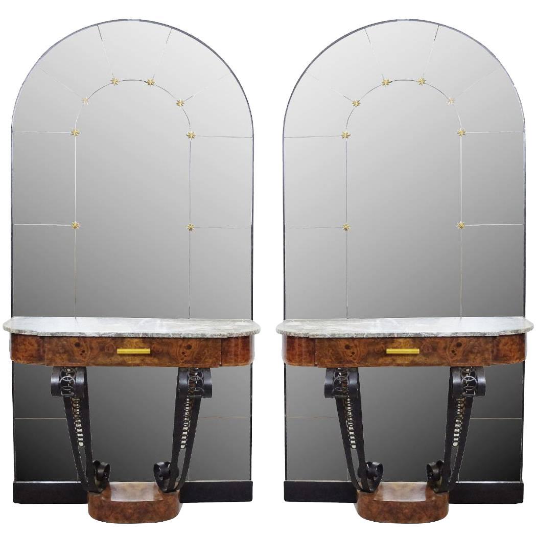 Pair of 1930s Art Deco Consoles in Burl Wood, Marble and Cast Iron with Mirror