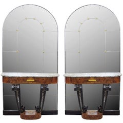 Pair of 1930s Art Deco Consoles in Burl Wood, Marble and Cast Iron with Mirror