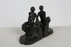 Pair of 1930s Art Deco Era - Nuart - Nude Flapper Girl Spelter Metal Bookends