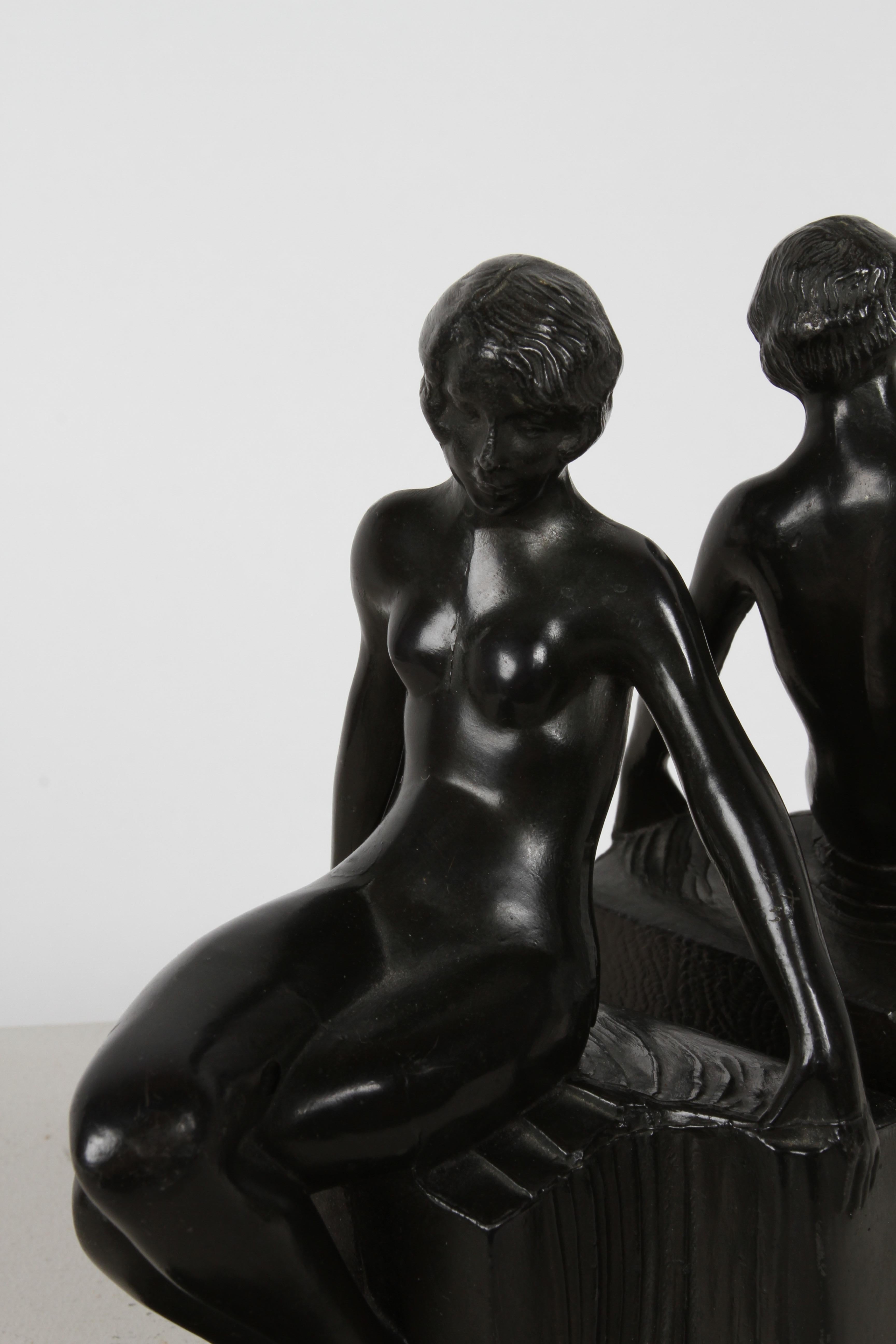 American Pair of 1930s Art Deco Era - Nuart - Nude Flapper Girl Spelter Metal Bookends For Sale