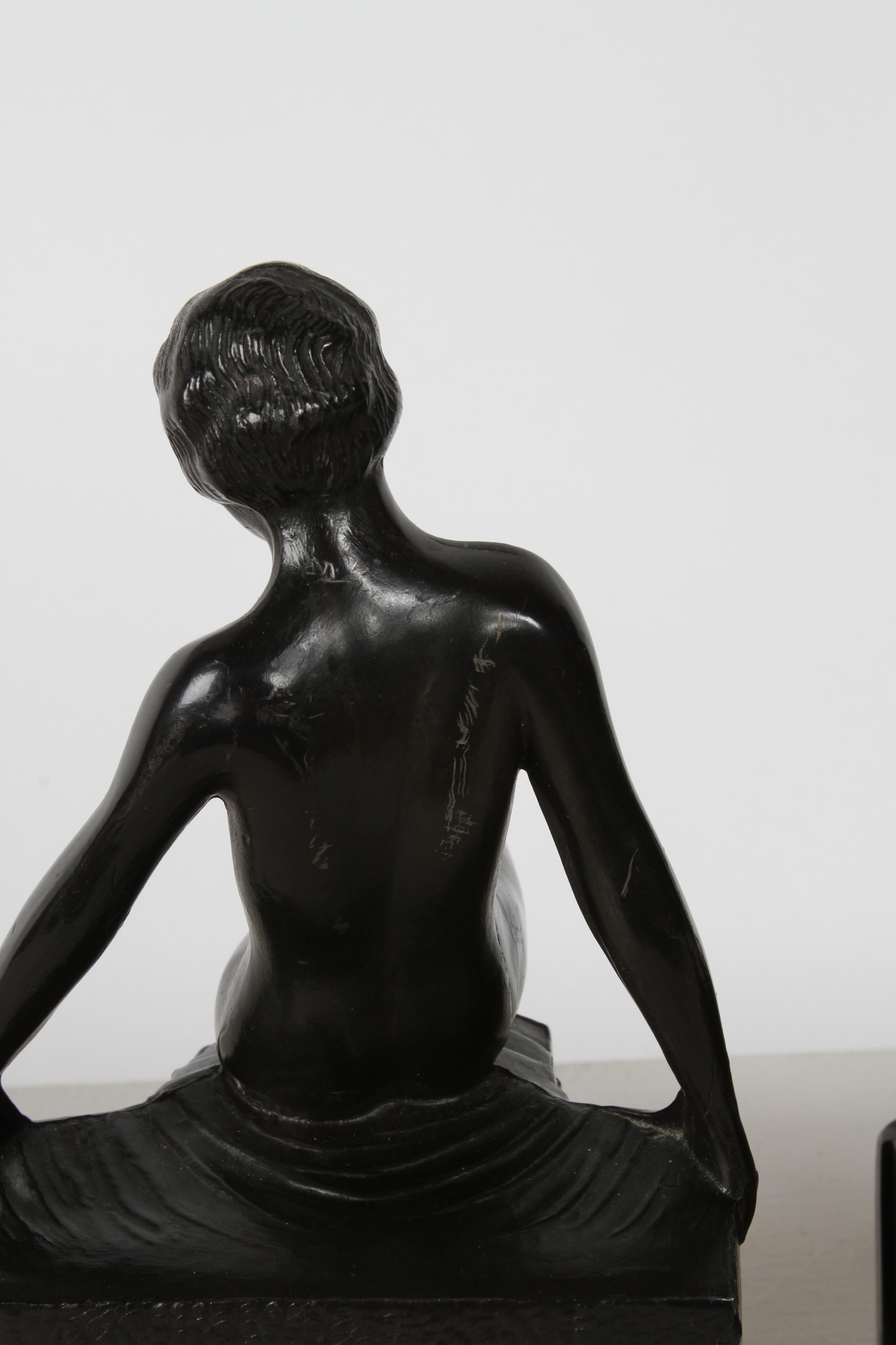 Mid-20th Century Pair of 1930s Art Deco Era - Nuart - Nude Flapper Girl Spelter Metal Bookends For Sale