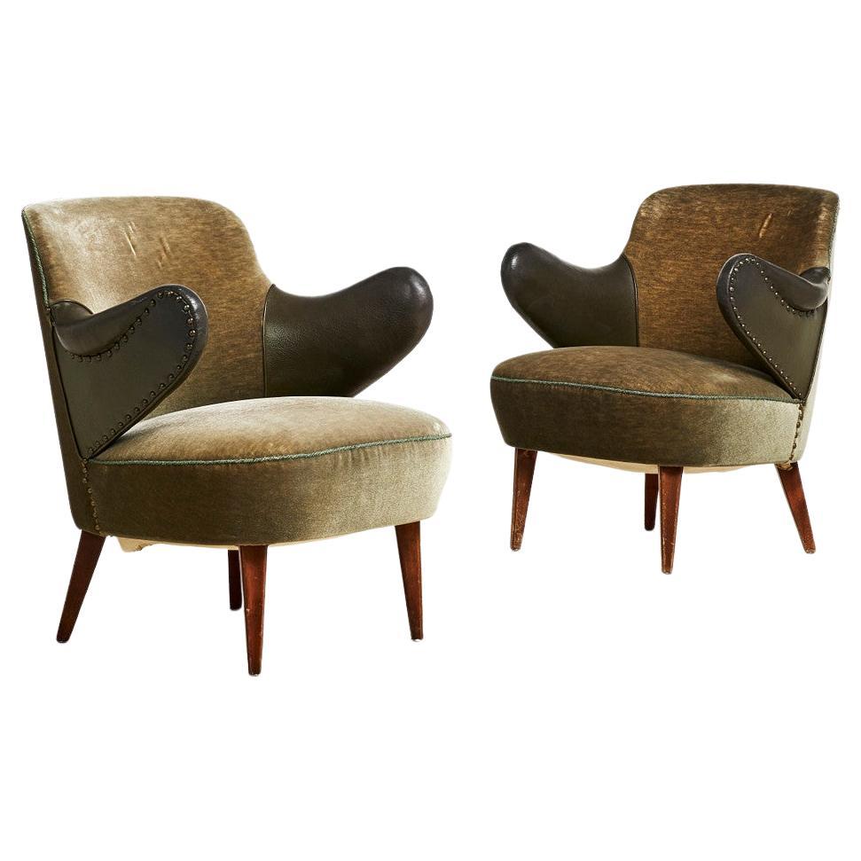 Pair of 1950s Faux Leather and Textile Armchairs For Sale