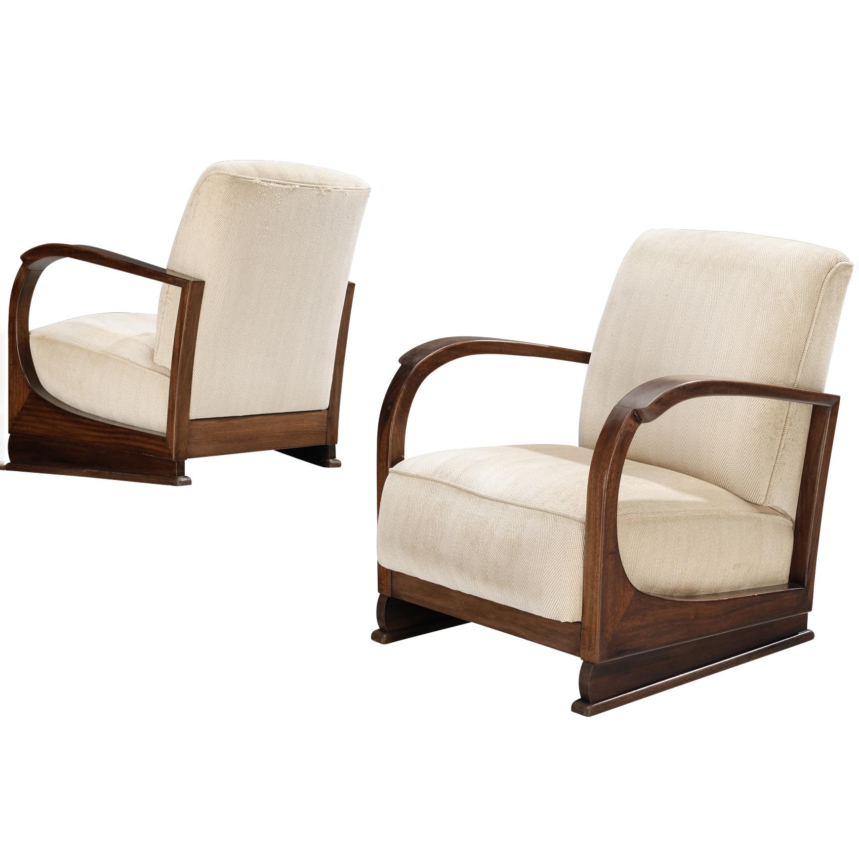 Pair of 1930s Art Deco Lounge Chairs with Curved Armrests in Mahogany