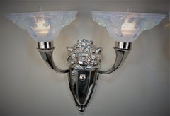 Pair of 1930s Art Deco Nickel Wall Sconces with Design Glass by Boris Lacroix