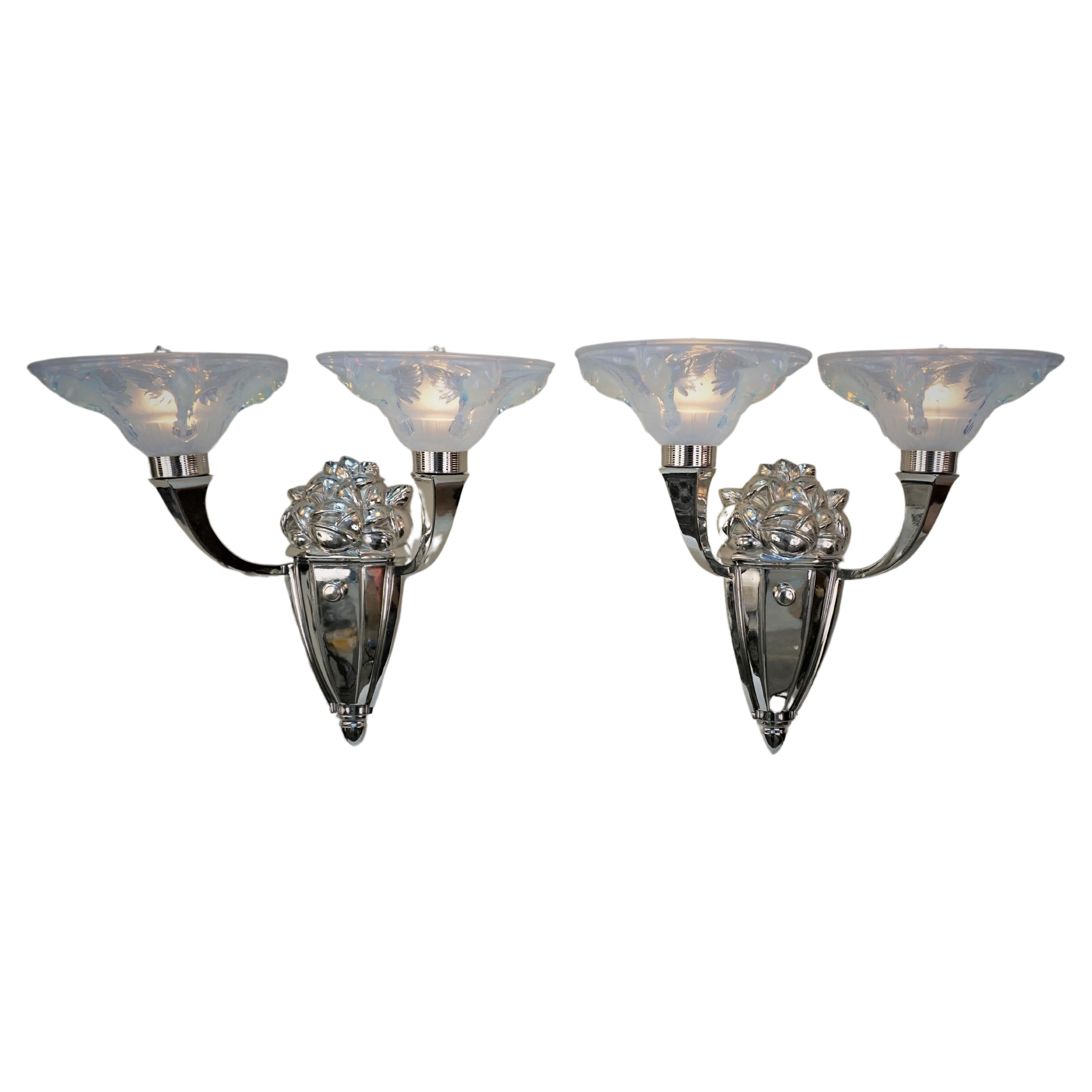 Pair of 1930s Art Deco Nickel Wall Sconces with Design Glass by Boris Lacroix For Sale