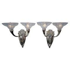 Pair of 1930s Art Deco Nickel Wall Sconces with Design Glass by Boris Lacroix