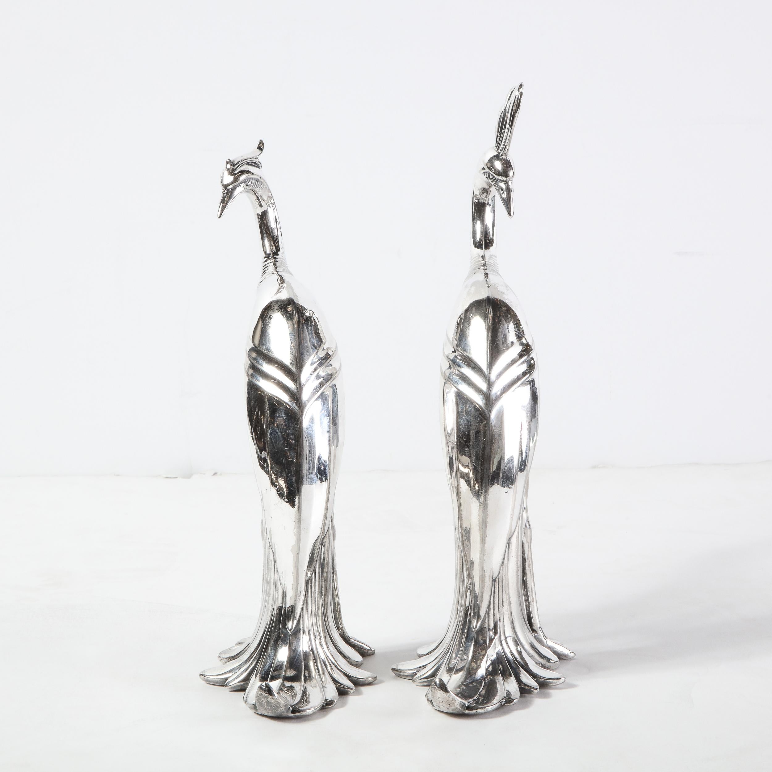 Pair of 1930s Art Deco Silverplated Stylized Peacock Sculptures by Weidlich Bros 4