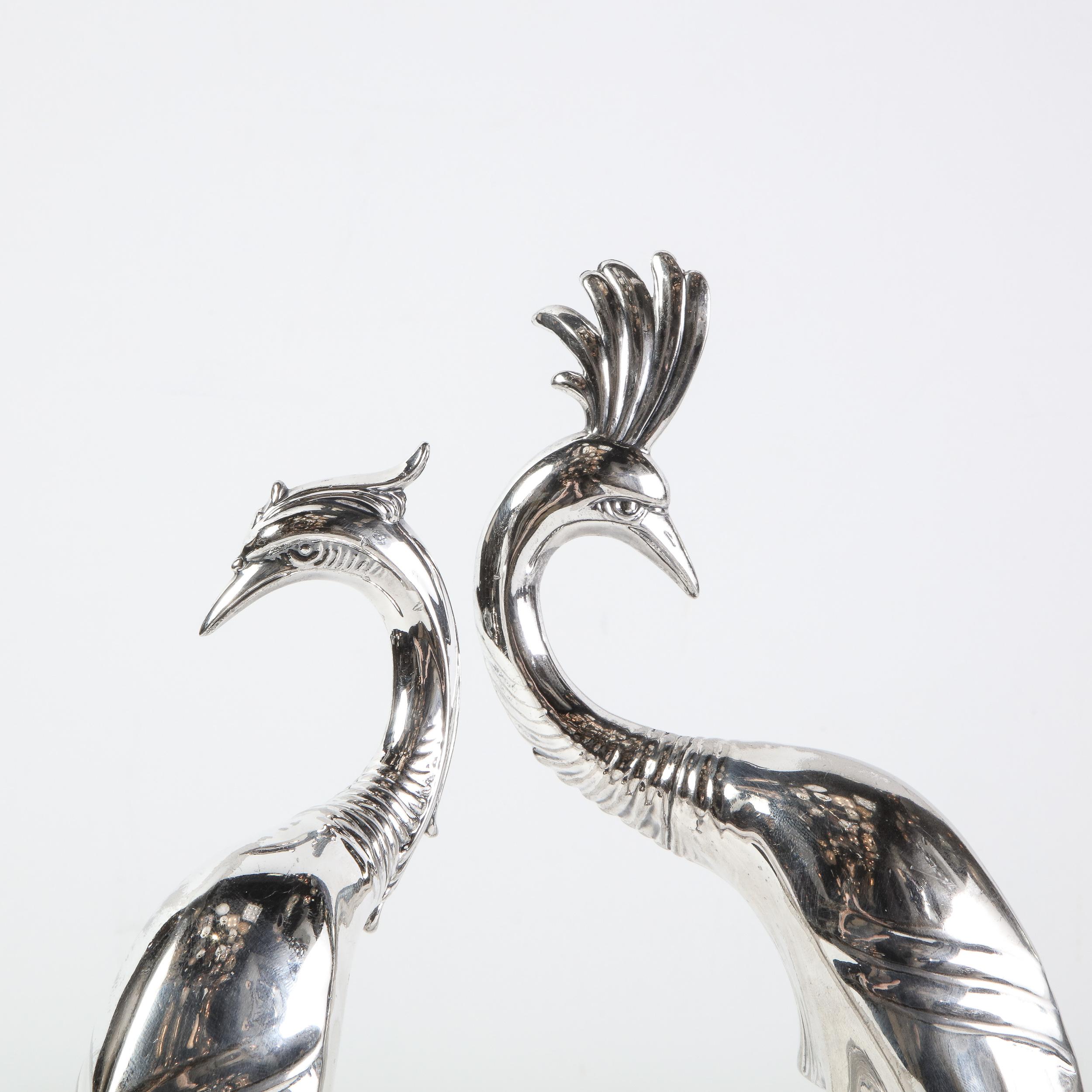 Pair of 1930s Art Deco Silverplated Stylized Peacock Sculptures by Weidlich Bros 5