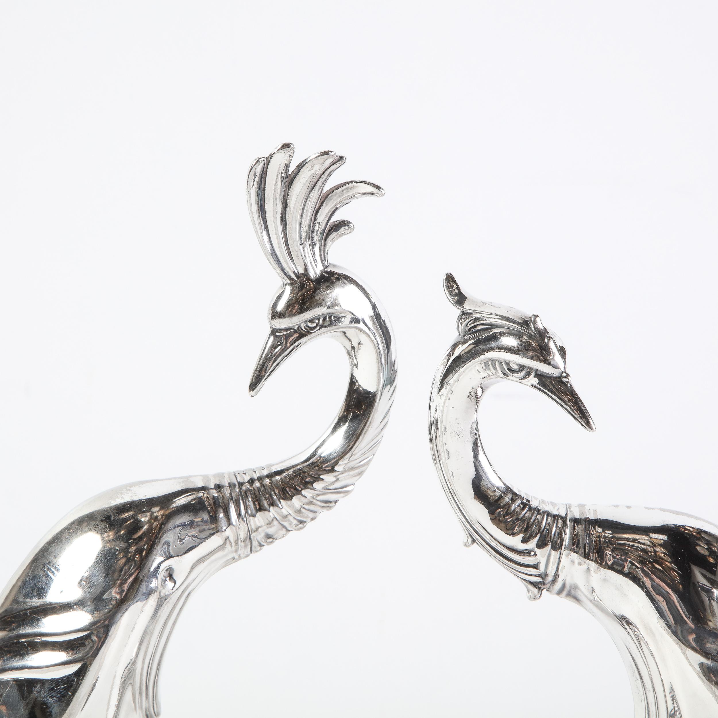 Pair of 1930s Art Deco Silverplated Stylized Peacock Sculptures by Weidlich Bros 6