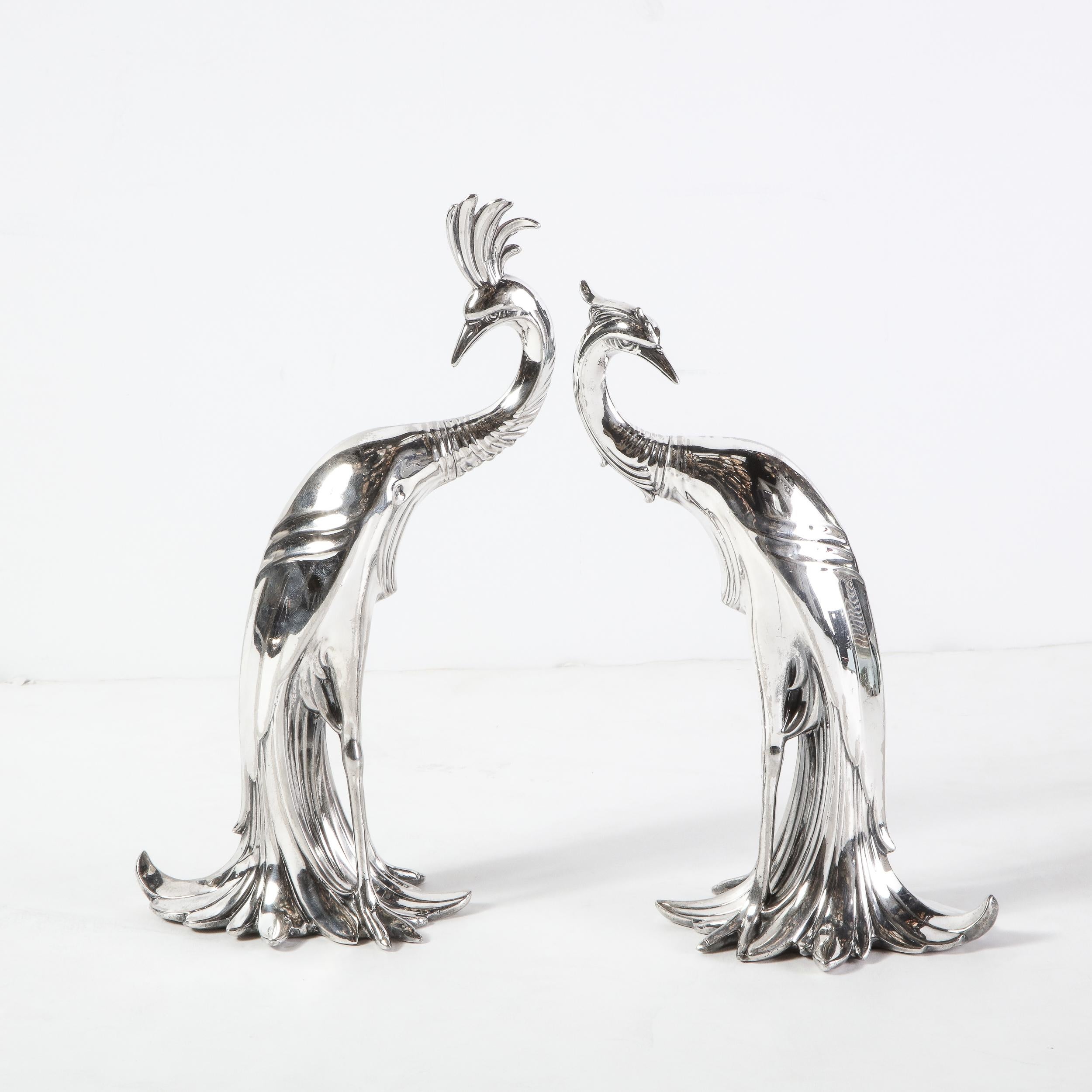 Pair of 1930s Art Deco Silverplated Stylized Peacock Sculptures by Weidlich Bros 7