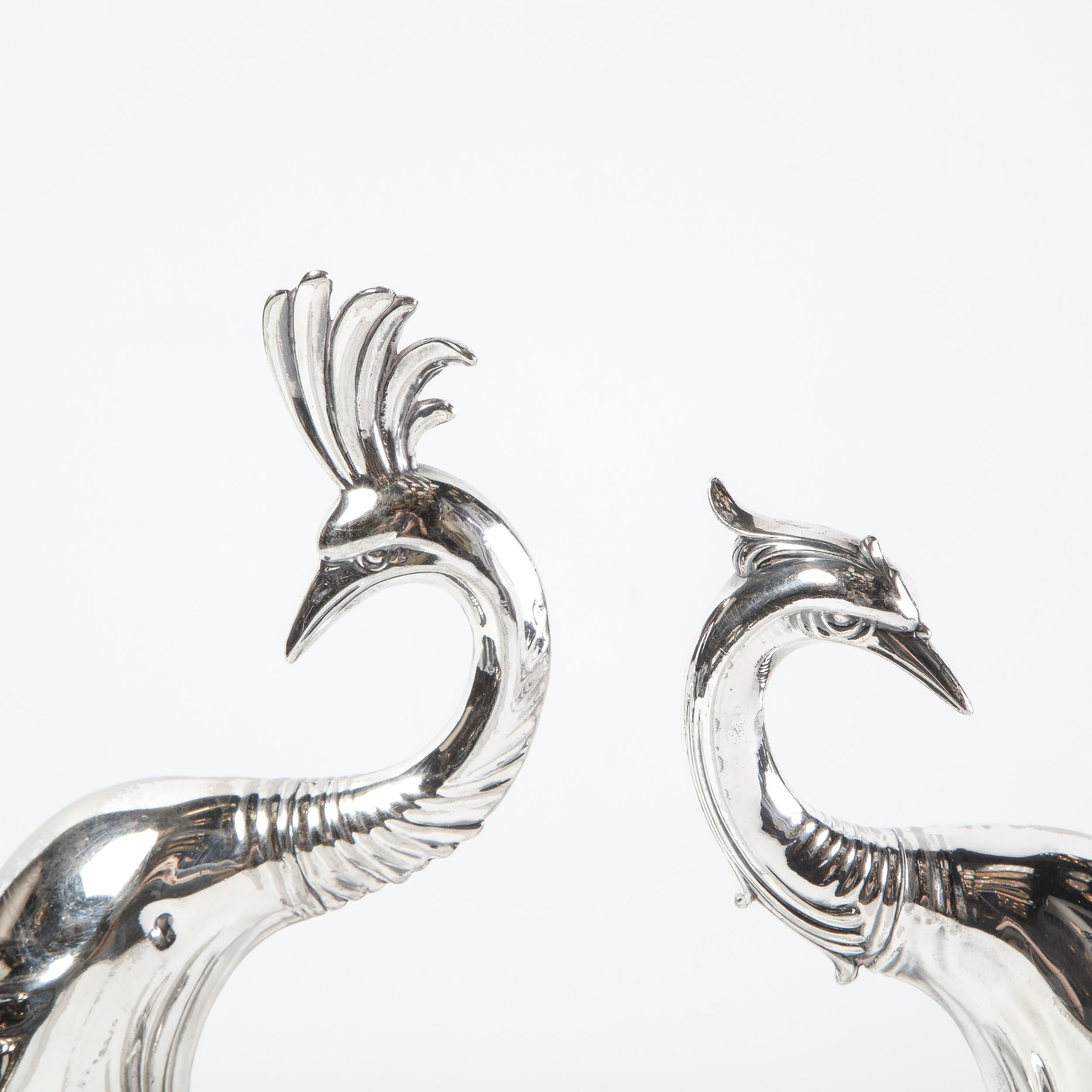 American Pair of 1930s Art Deco Silverplated Stylized Peacock Sculptures by Weidlich Bros